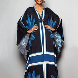 Blue Floral Print Lounge Kaftan Maxi Dress
